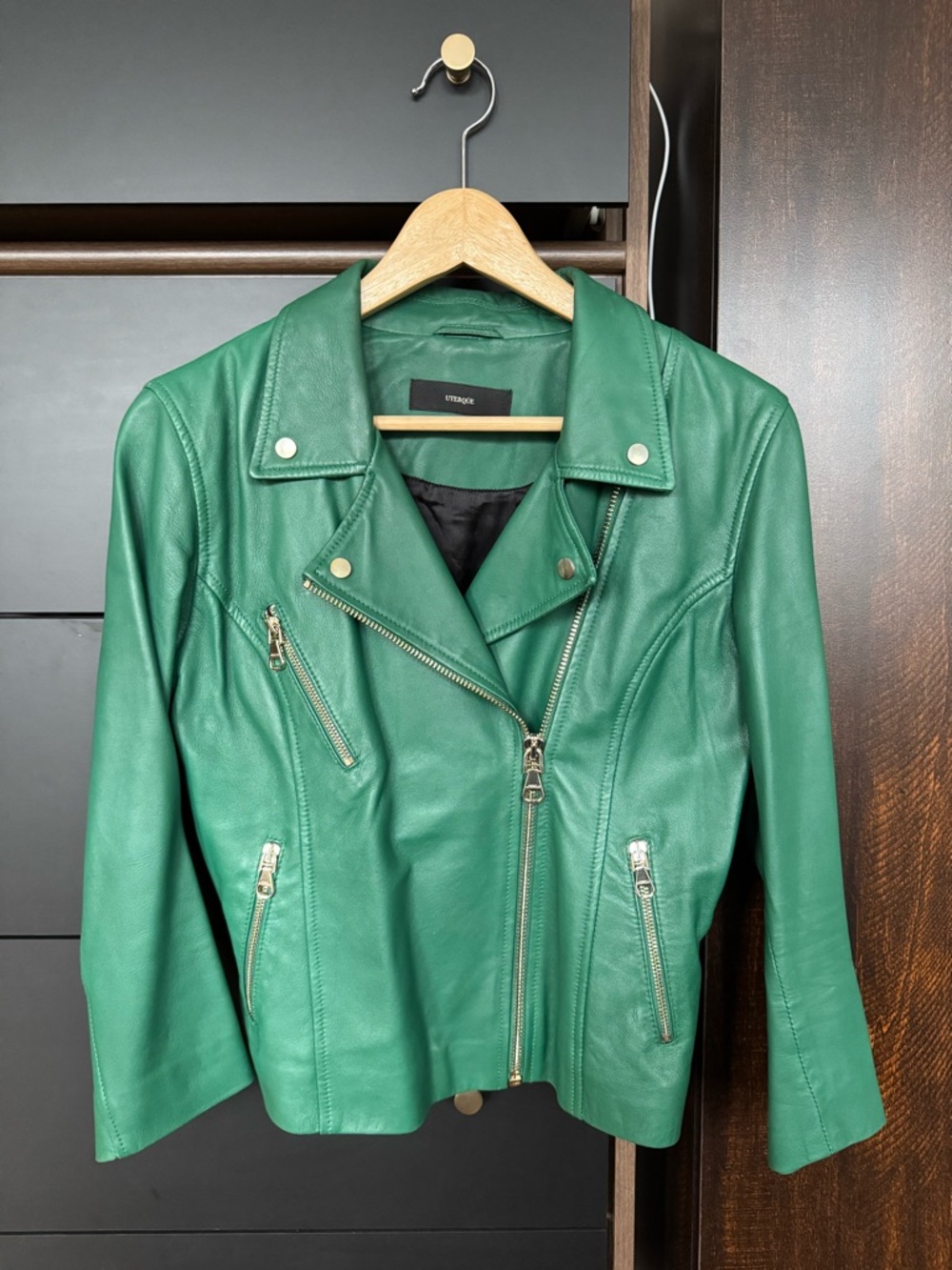 Uterque Genuine Leather 3/4 sleeves Green Biker Jacket